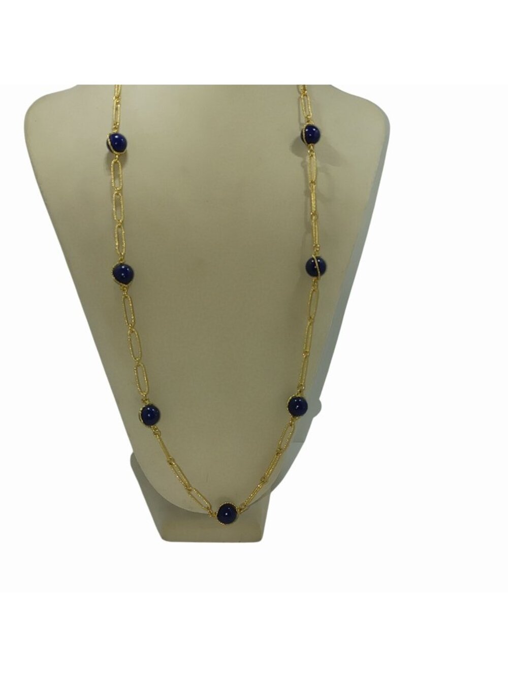 Long Blue Beads Elegant Necklace Statement Jewelry Gold Plated Paperclip Chain